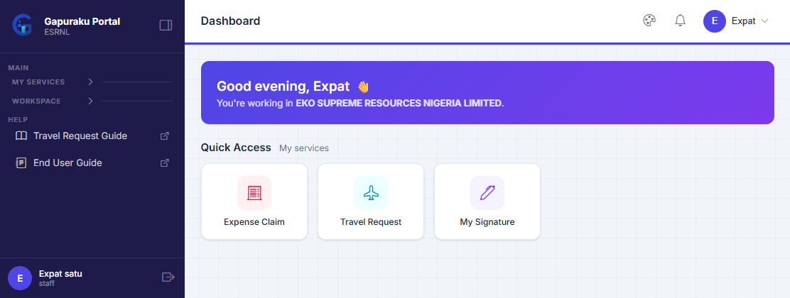 Dashboard after login