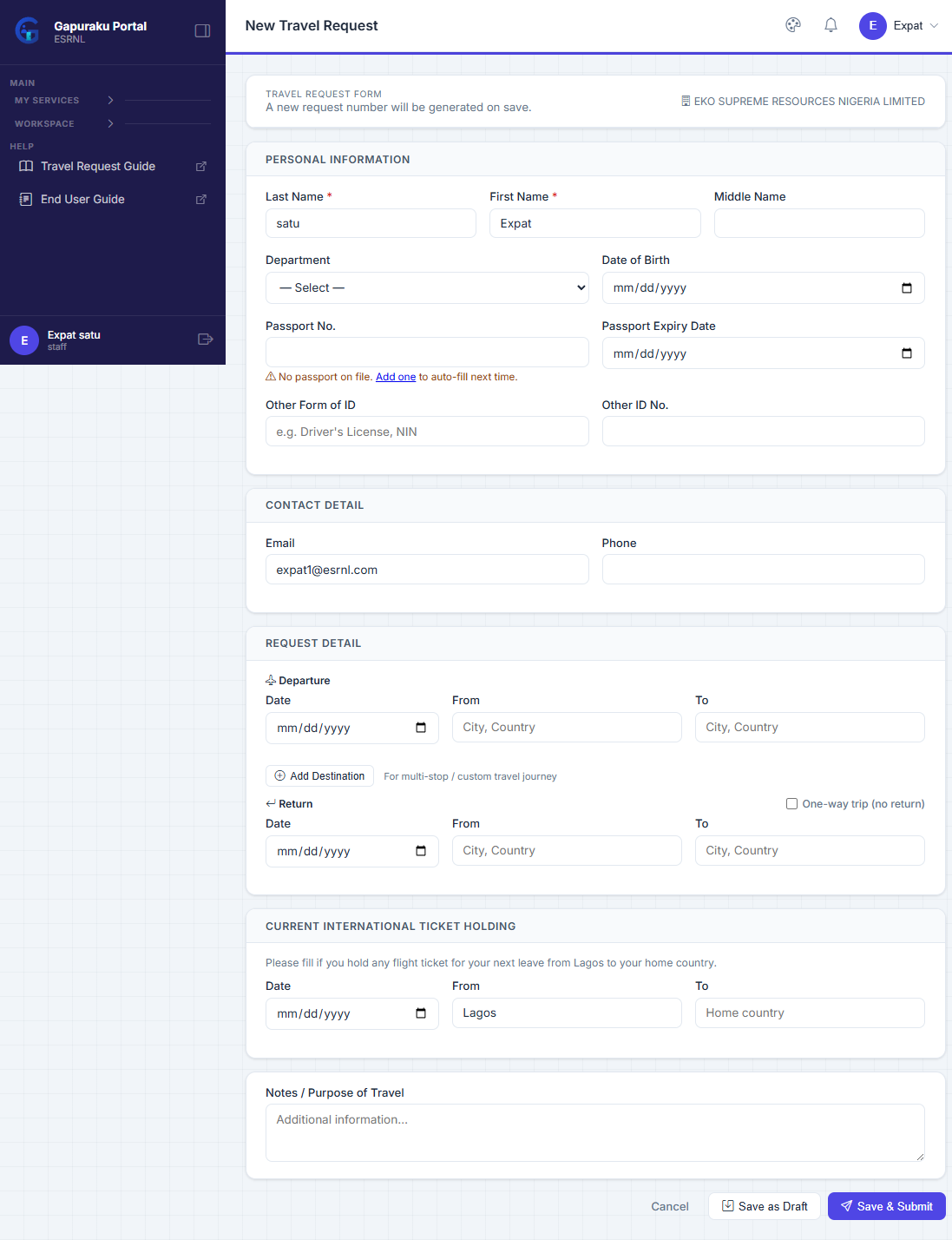 Travel Request create form