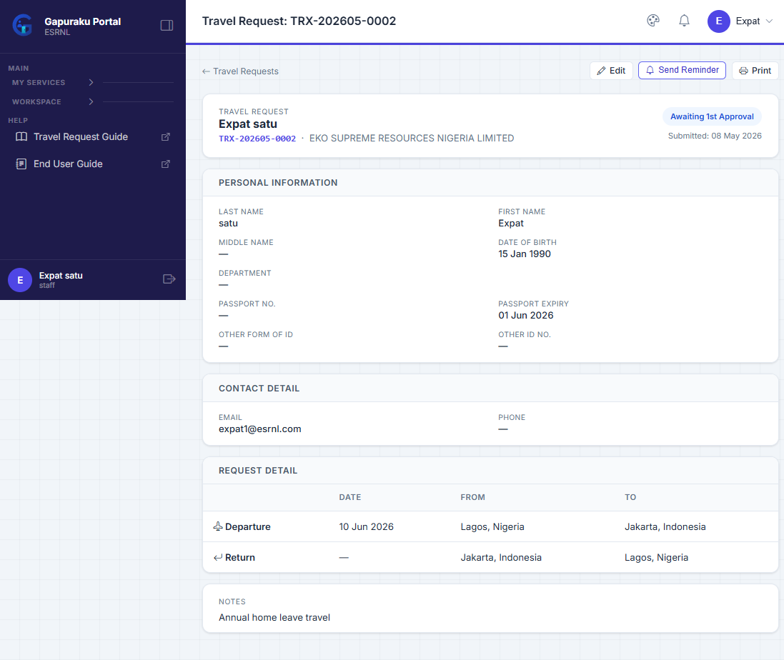 Travel Request detail page