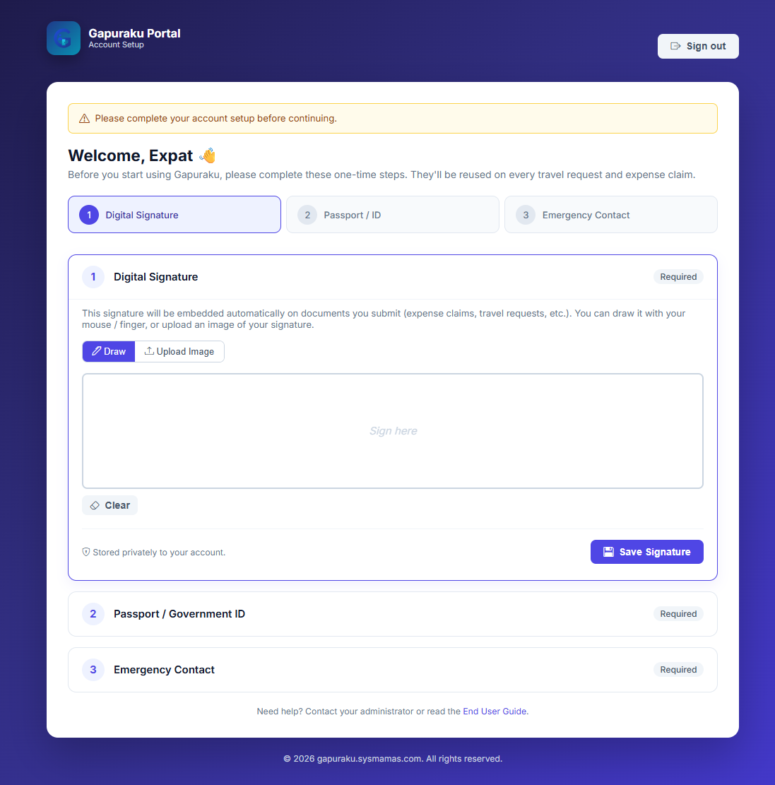 Account setup wizard - Step 1 Digital Signature