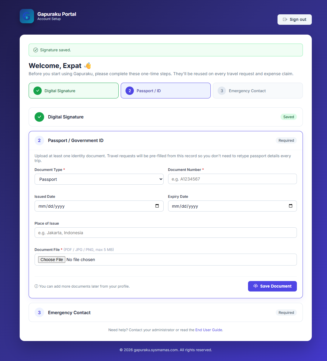 Account setup wizard - Step 2 Passport