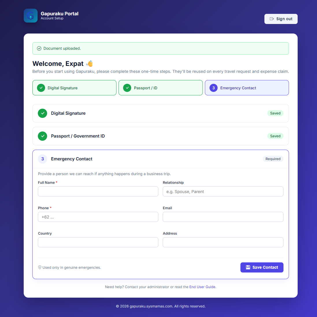 Account setup wizard - Step 3 Emergency Contact