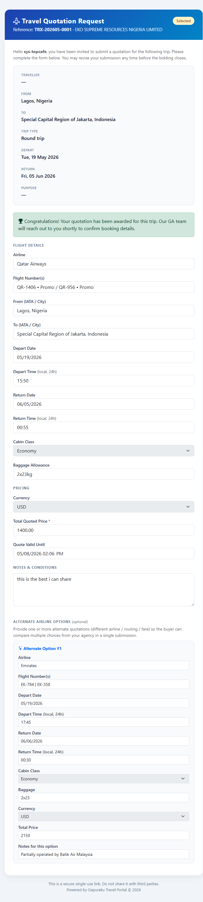 Travel Agent public quotation form